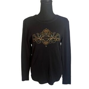 2008 HARLEY DAVIDSON Womens Black Long Sleeve Shirt Sz L Turquoise Studs Crest